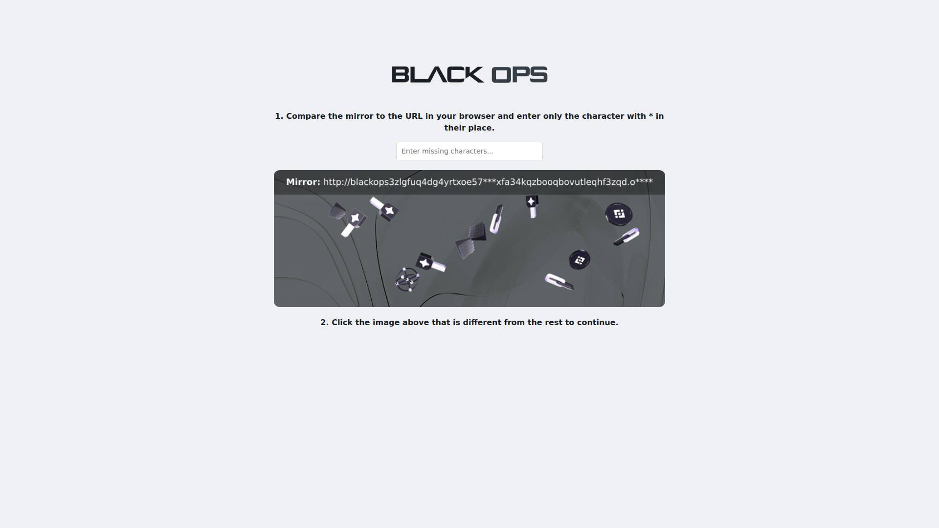 Black Ops captcha with mirror URL asterisks and odd-one-out icon grid